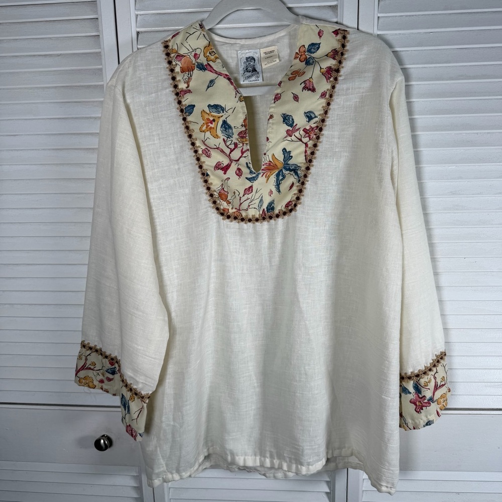 Vintage Kennington Ltd California Boho Floral‎ Blouse Cream L